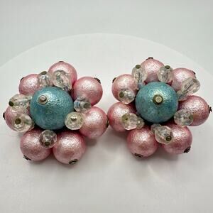 1950s vintage silver tone AB glass pink blue celluloid beaded clip on earrings